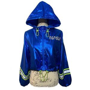FOREVER 21 NASA Reflective Windbreaker Blue Metallic Hooded Jacket Size M